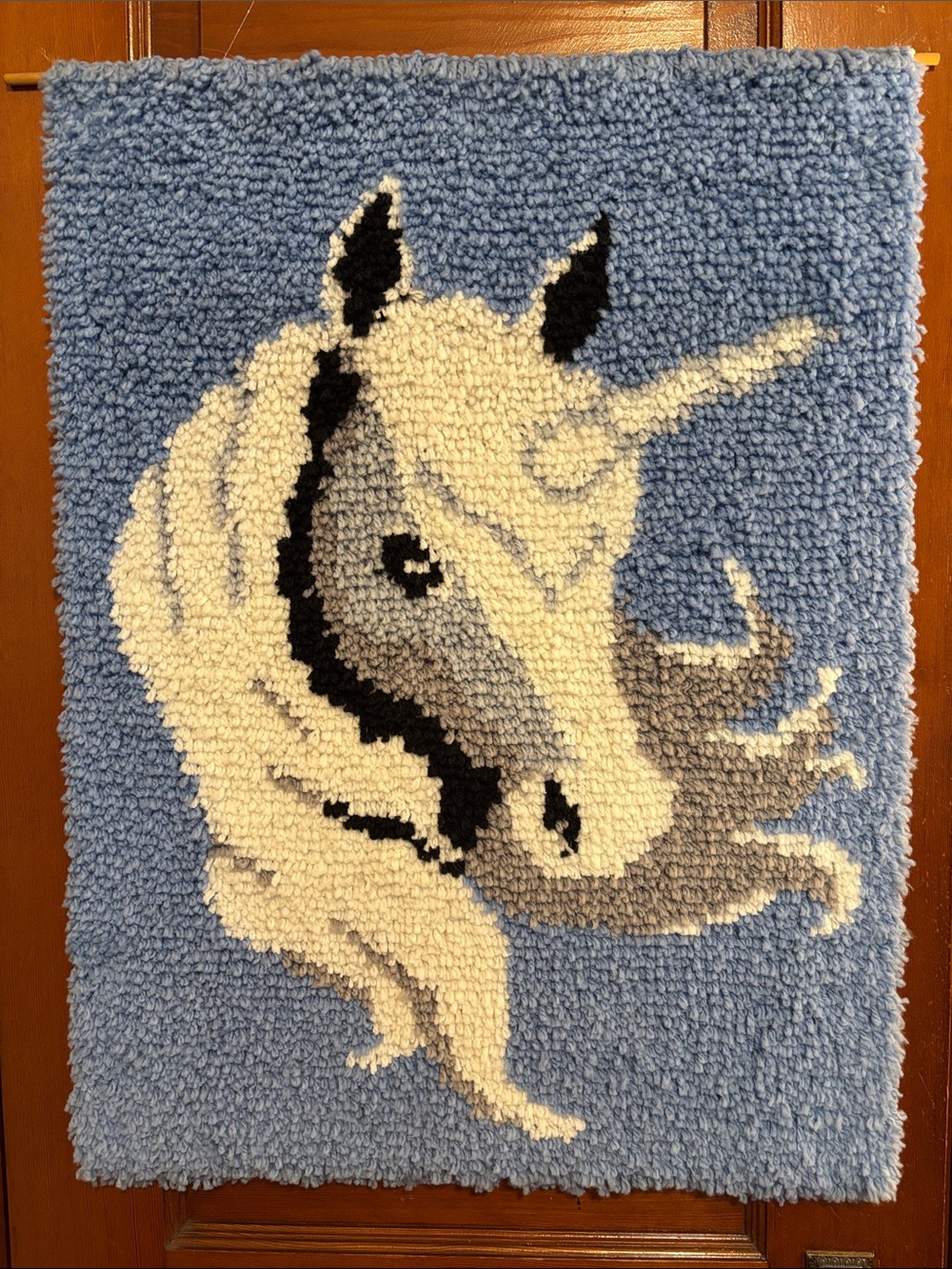 Unicorn Wall Hanging 1980s Yarn Latch Hook Craft EUC Handmade Blue and Cream